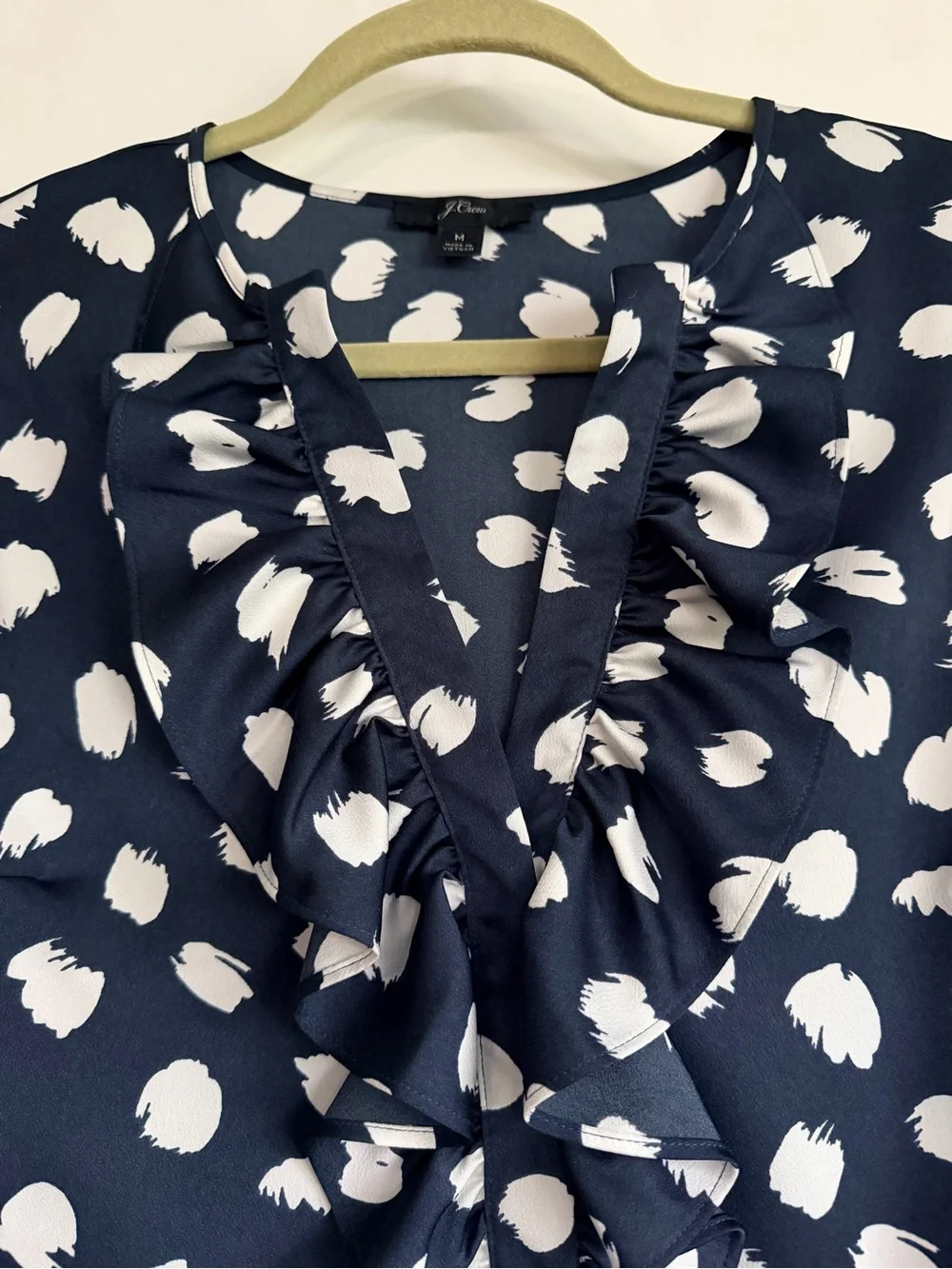 J Crew Ruffle V-Neck Navy Polka Dot Blouse - size medium